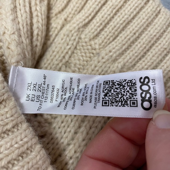 ASOS Men's Beige Cable Knit Turtleneck Sweater 2XL Wool Blend - Picture 8 of 9